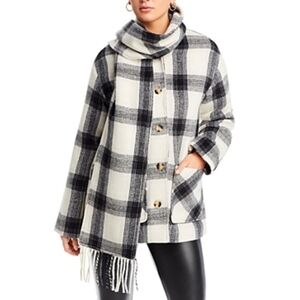 $178 NWT AQUA Bloomingdales Scarf Collar Coat Black & White Plaid Wool XS